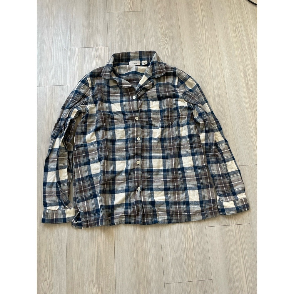 L.L. Bean Cream and Navy Plaid Flannel Shirt